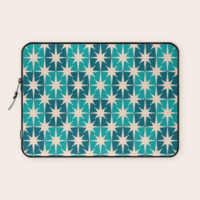 Mid Century Modern Atomic Stars Retro Checkered Starbursts Teal Blue and Cream Pattern Laptop Sleeve Gallery Image 1