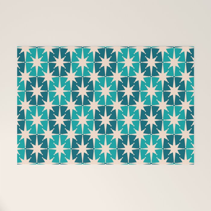 Mid Century Modern Atomic Stars Retro Checkered Starbursts Teal Blue and Cream Pattern Welcome Mat Gallery Image 1