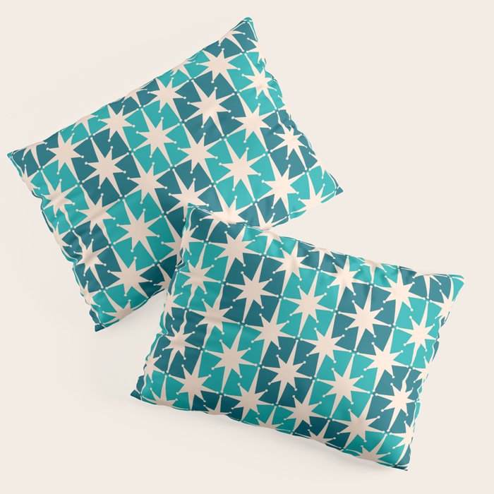 Mid Century Modern Atomic Stars Retro Checkered Starbursts Teal Blue and Cream Pattern Pillow Sham Gallery Image 3