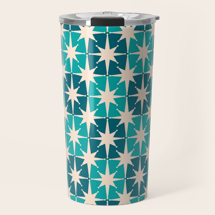 Mid Century Modern Atomic Stars Retro Checkered Starbursts Teal Blue and Cream Pattern Travel Mug Gallery Image 1