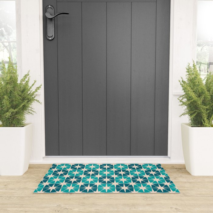 Mid Century Modern Atomic Stars Retro Checkered Starbursts Teal Blue and Cream Pattern Welcome Mat Gallery Image 3