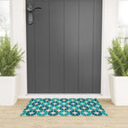 Mid Century Modern Atomic Stars Retro Checkered Starbursts Teal Blue and Cream Pattern Welcome Mat Gallery Image 3