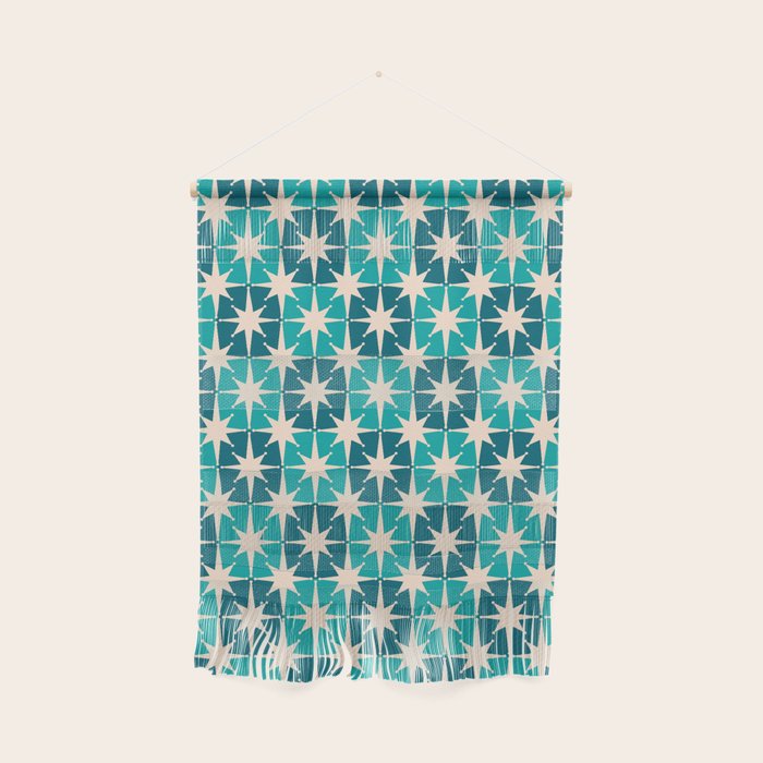 Mid Century Modern Atomic Stars Retro Checkered Starbursts Teal Blue and Cream Pattern Wall Hanging Gallery Image 1