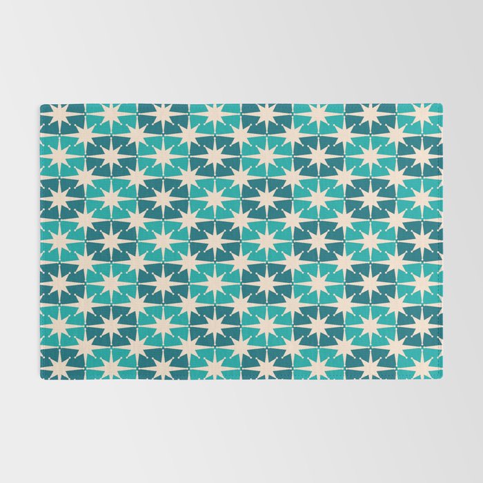 Mid Century Modern Atomic Stars Retro Checkered Starbursts Teal Blue and Cream Pattern Rug Gallery Image 2