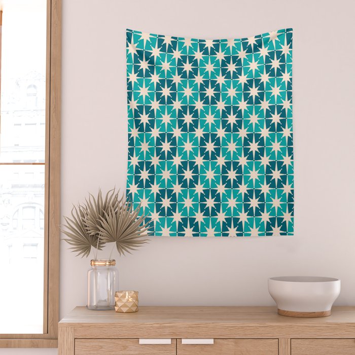 Mid Century Modern Atomic Stars Retro Checkered Starbursts Teal Blue and Cream Pattern Wall Tapestry Gallery Image 2