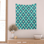 Mid Century Modern Atomic Stars Retro Checkered Starbursts Teal Blue and Cream Pattern Wall Tapestry Gallery Image 2