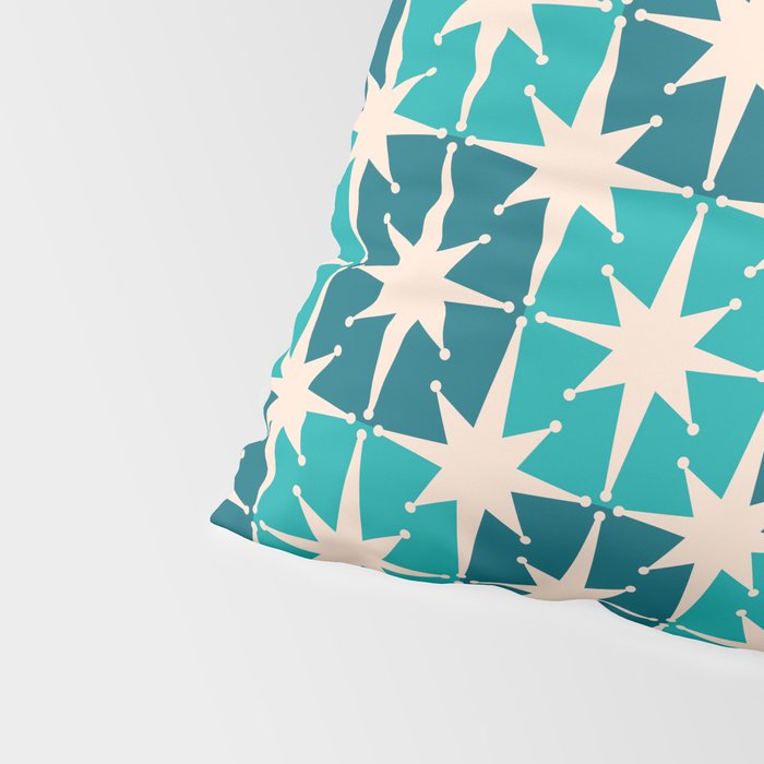 Mid Century Modern Atomic Stars Retro Checkered Starbursts Teal Blue and Cream Pattern Pillow Sham Gallery Image 4