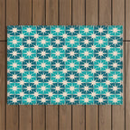 Mid Century Modern Atomic Stars Retro Checkered Starbursts Teal Blue and Cream Pattern Outdoor Rug Gallery Image 1