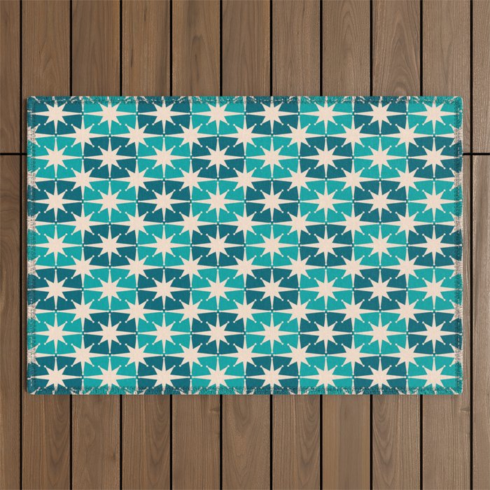 Mid Century Modern Atomic Stars Retro Checkered Starbursts Teal Blue and Cream Pattern Outdoor Rug Gallery Image 1