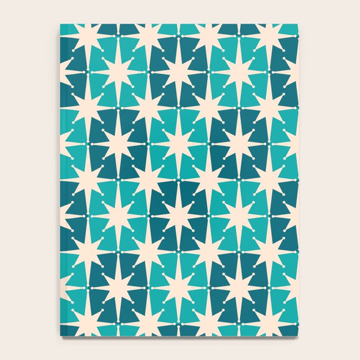 Mid Century Modern Atomic Stars Retro Checkered Starbursts Teal Blue and Cream Pattern Notebook Gallery Image 4