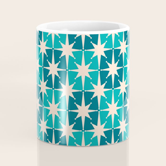 Mid Century Modern Atomic Stars Retro Checkered Starbursts Teal Blue and Cream Pattern Coffee Mug Gallery Image 4