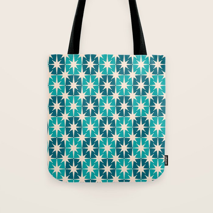 Mid Century Modern Atomic Stars Retro Checkered Starbursts Teal Blue and Cream Pattern Tote Bag Gallery Image 1
