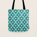 Mid Century Modern Atomic Stars Retro Checkered Starbursts Teal Blue and Cream Pattern Tote Bag Gallery Image 1