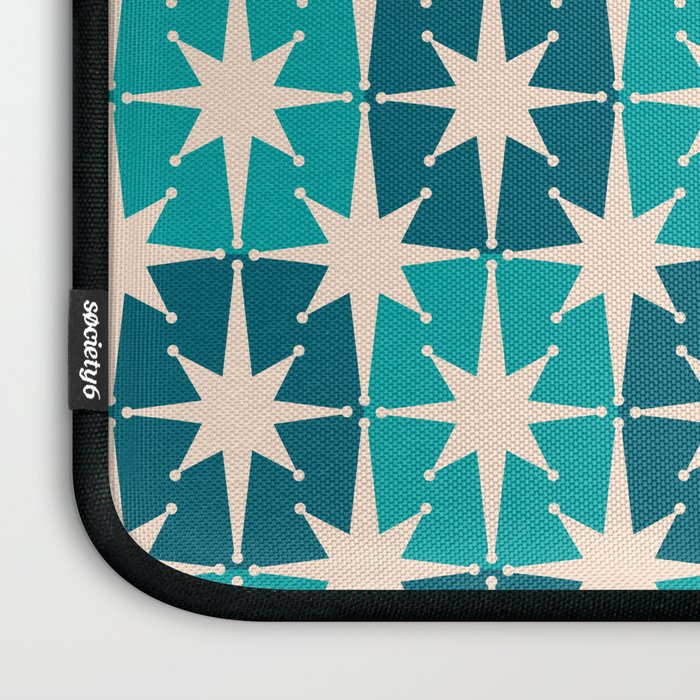 Mid Century Modern Atomic Stars Retro Checkered Starbursts Teal Blue and Cream Pattern Laptop Sleeve Gallery Image 3