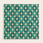 Mid Century Modern Atomic Stars Retro Checkered Starbursts Teal Blue and Cream Pattern Wood Wall Art Gallery Image 1