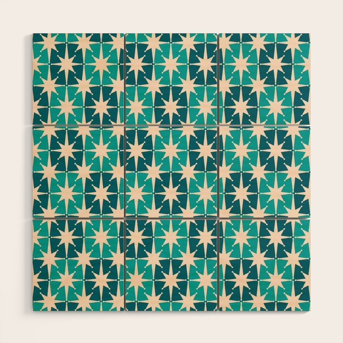 Mid Century Modern Atomic Stars Retro Checkered Starbursts Teal Blue and Cream Pattern Wood Wall Art Gallery Image 1