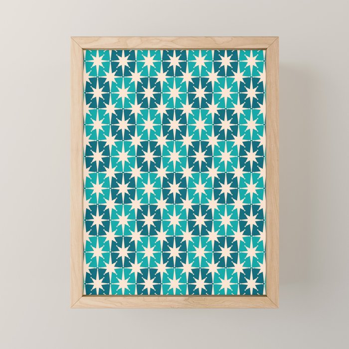 Mid Century Modern Atomic Stars Retro Checkered Starbursts Teal Blue and Cream Pattern Mini Art Print Gallery Image 1