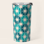Mid Century Modern Atomic Stars Retro Checkered Starbursts Teal Blue and Cream Pattern Travel Mug Gallery Image 2