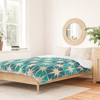 Mid Century Modern Atomic Stars Retro Checkered Starbursts Teal Blue and Cream Pattern Duvet Cover Gallery Image 2