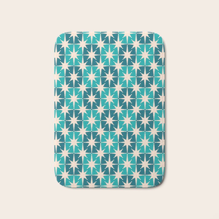 Mid Century Modern Atomic Stars Retro Checkered Starbursts Teal Blue and Cream Pattern Bath Mat Gallery Image 1