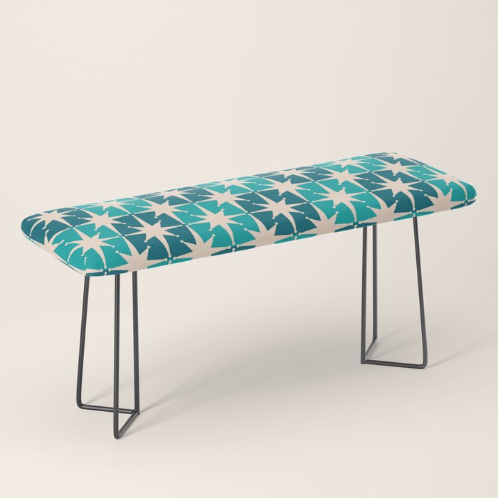 Mid Century Modern Atomic Stars Retro Checkered Starbursts Teal Blue and Cream Pattern Bench Gallery Image 1