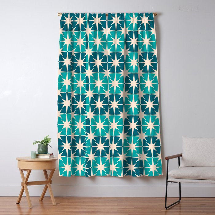 Mid Century Modern Atomic Stars Retro Checkered Starbursts Teal Blue and Cream Pattern Window Curtain Gallery Image 5