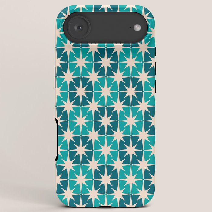 Mid Century Modern Atomic Stars Retro Checkered Starbursts Teal Blue and Cream Pattern iPhone Case Gallery Image 6
