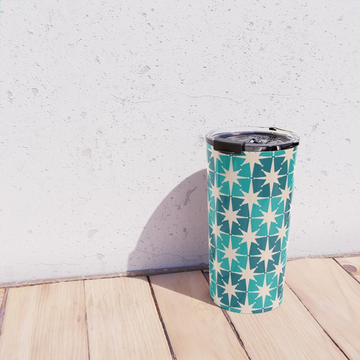Mid Century Modern Atomic Stars Retro Checkered Starbursts Teal Blue and Cream Pattern Travel Mug Gallery Image 4