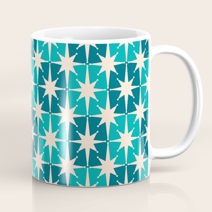 Mid Century Modern Atomic Stars Retro Checkered Starbursts Teal Blue and Cream Pattern Coffee Mug Gallery Image 1