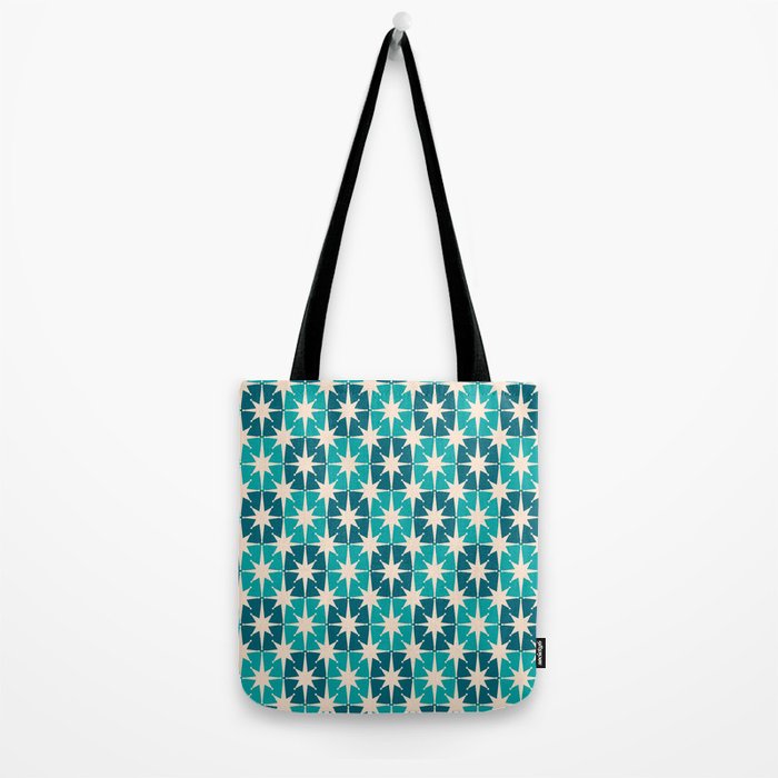 Mid Century Modern Atomic Stars Retro Checkered Starbursts Teal Blue and Cream Pattern Tote Bag Gallery Image 2