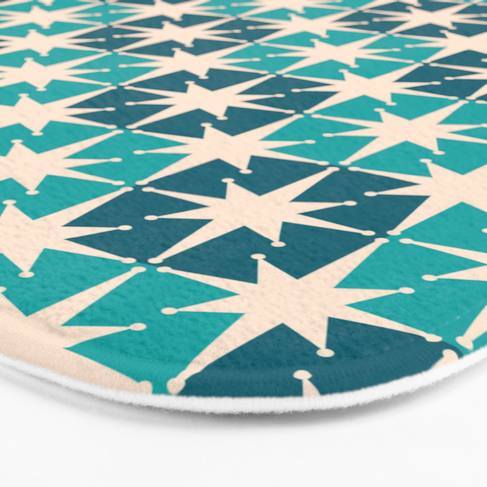 Mid Century Modern Atomic Stars Retro Checkered Starbursts Teal Blue and Cream Pattern Bath Mat Gallery Image 3