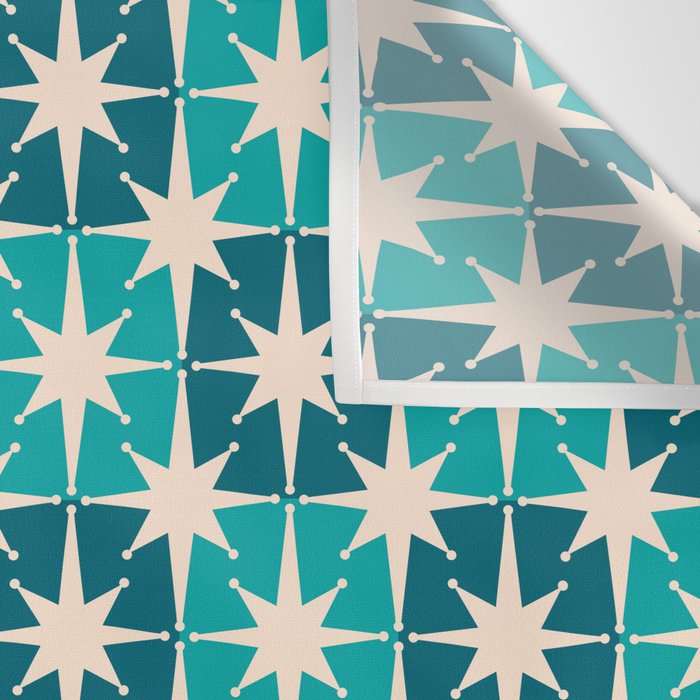 Mid Century Modern Atomic Stars Retro Checkered Starbursts Teal Blue and Cream Pattern Wall Tapestry Gallery Image 3