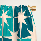 Mid Century Modern Atomic Stars Retro Checkered Starbursts Teal Blue and Cream Pattern Window Curtain Gallery Image 2