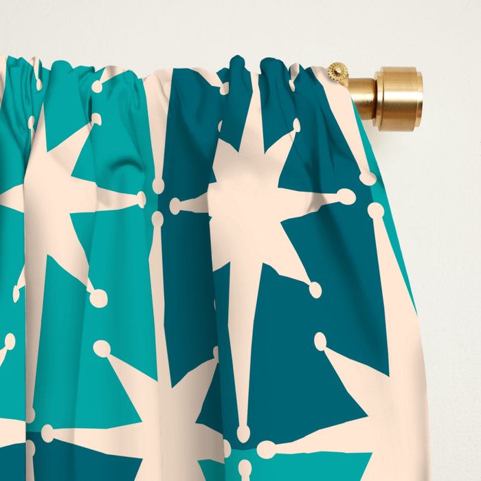 Mid Century Modern Atomic Stars Retro Checkered Starbursts Teal Blue and Cream Pattern Window Curtain Gallery Image 2