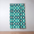 Mid Century Modern Atomic Stars Retro Checkered Starbursts Teal Blue and Cream Pattern Window Curtain Gallery Image 3