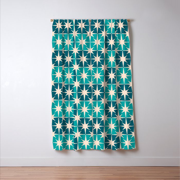 Mid Century Modern Atomic Stars Retro Checkered Starbursts Teal Blue and Cream Pattern Window Curtain Gallery Image 3
