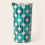 Mid Century Modern Atomic Stars Retro Checkered Starbursts Teal Blue and Cream Pattern Travel Mug Gallery Image 3