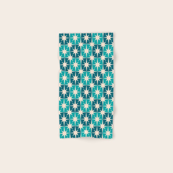 Mid Century Modern Atomic Stars Retro Checkered Starbursts Teal Blue and Cream Pattern Bath Towel Gallery Image 1