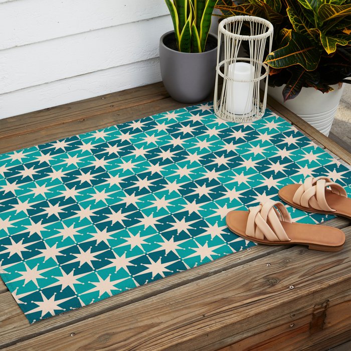 Mid Century Modern Atomic Stars Retro Checkered Starbursts Teal Blue and Cream Pattern Outdoor Rug Gallery Image 2