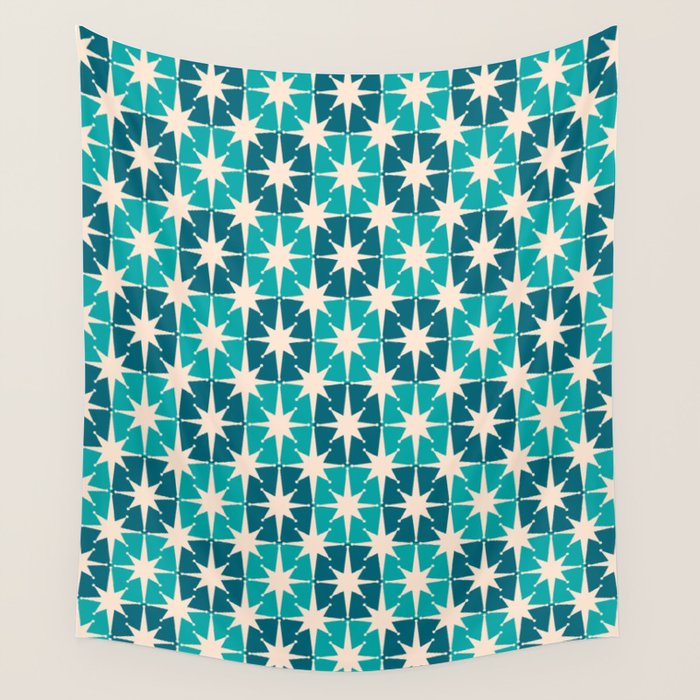 Mid Century Modern Atomic Stars Retro Checkered Starbursts Teal Blue and Cream Pattern Wall Tapestry Gallery Image 4