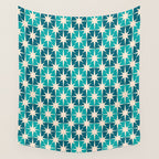 Mid Century Modern Atomic Stars Retro Checkered Starbursts Teal Blue and Cream Pattern Wall Tapestry Gallery Image 4