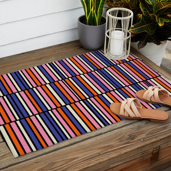 Pop Mod Color Boxes Geometric Retro Pattern Blue Pink Orange Black Outdoor Rug Gallery Image 2