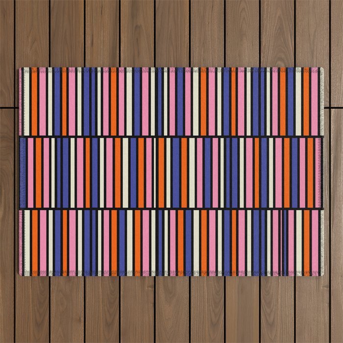 Pop Mod Color Boxes Geometric Retro Pattern Blue Pink Orange Black Outdoor Rug Gallery Image 1