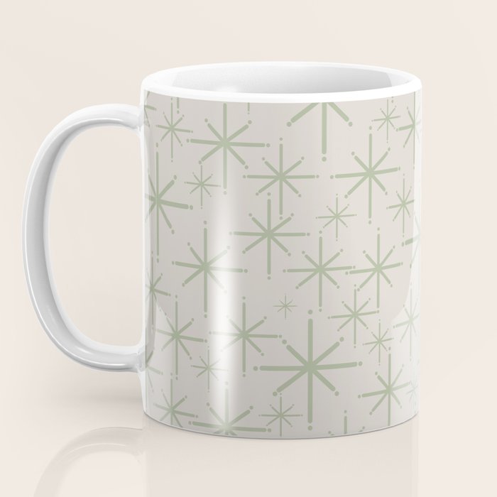 Mid Century Modern Twinkling Retro Starbursts in Sage Green and Beige Coffee Mug Gallery Image 3