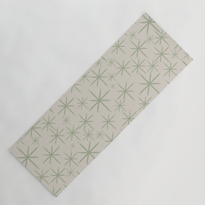 Mid Century Modern Twinkling Retro Starbursts in Sage Green and Beige Yoga Mat Gallery Image 1