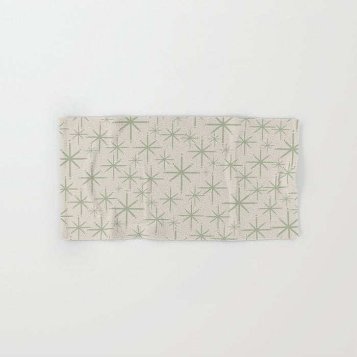 Mid Century Modern Twinkling Retro Starbursts in Sage Green and Beige Bath Towel Gallery Image 1