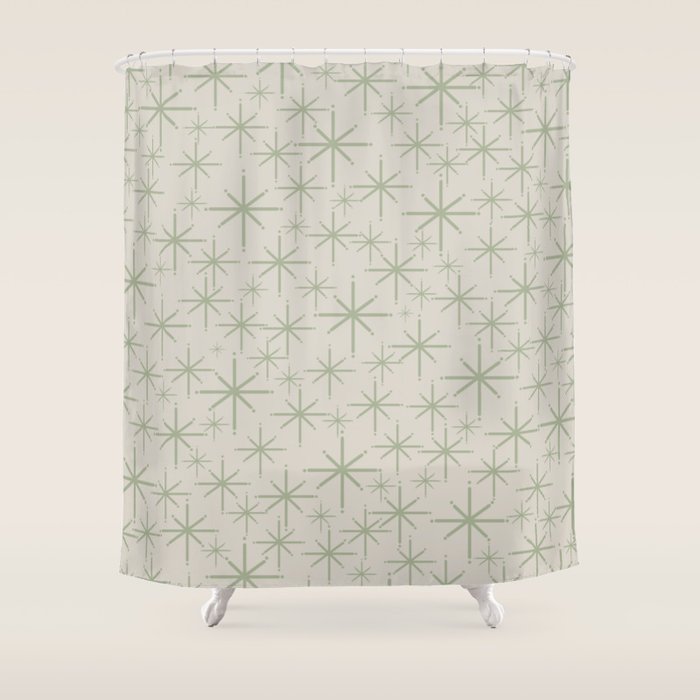 Mid Century Modern Twinkling Retro Starbursts in Sage Green and Beige Shower Curtain Gallery Image 1