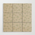 Mid Century Modern Twinkling Retro Starbursts in Sage Green and Beige Wood Wall Art Gallery Image 1