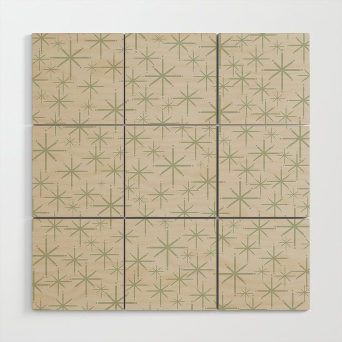 Mid Century Modern Twinkling Retro Starbursts in Sage Green and Beige Wood Wall Art Gallery Image 1