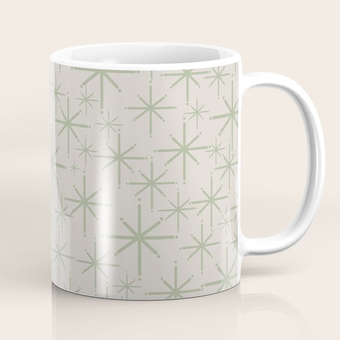 Mid Century Modern Twinkling Retro Starbursts in Sage Green and Beige Coffee Mug Gallery Image 1